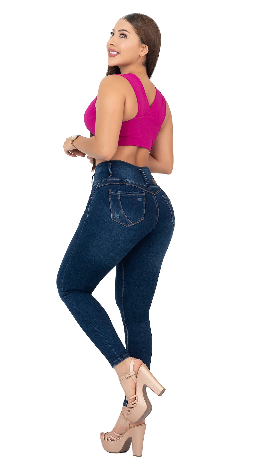 Jean skinny azul oscuro – pretina ancha con 3 botones y realce trasero 2-702