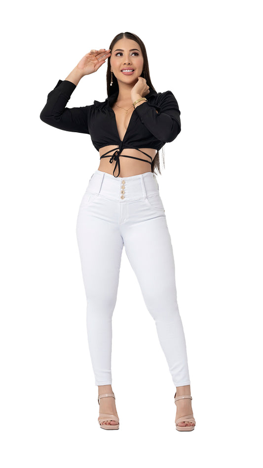 🤍 Jean Skinny Blanco – Pretina Ancha con 4 Botones 2-651