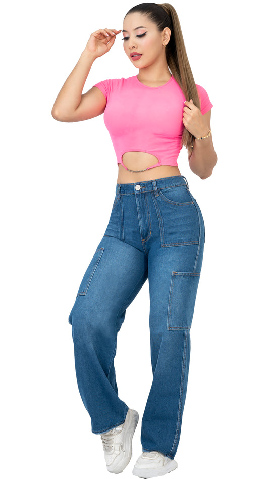 Jeans Cargo Azul de Bota Recta REF 2-697