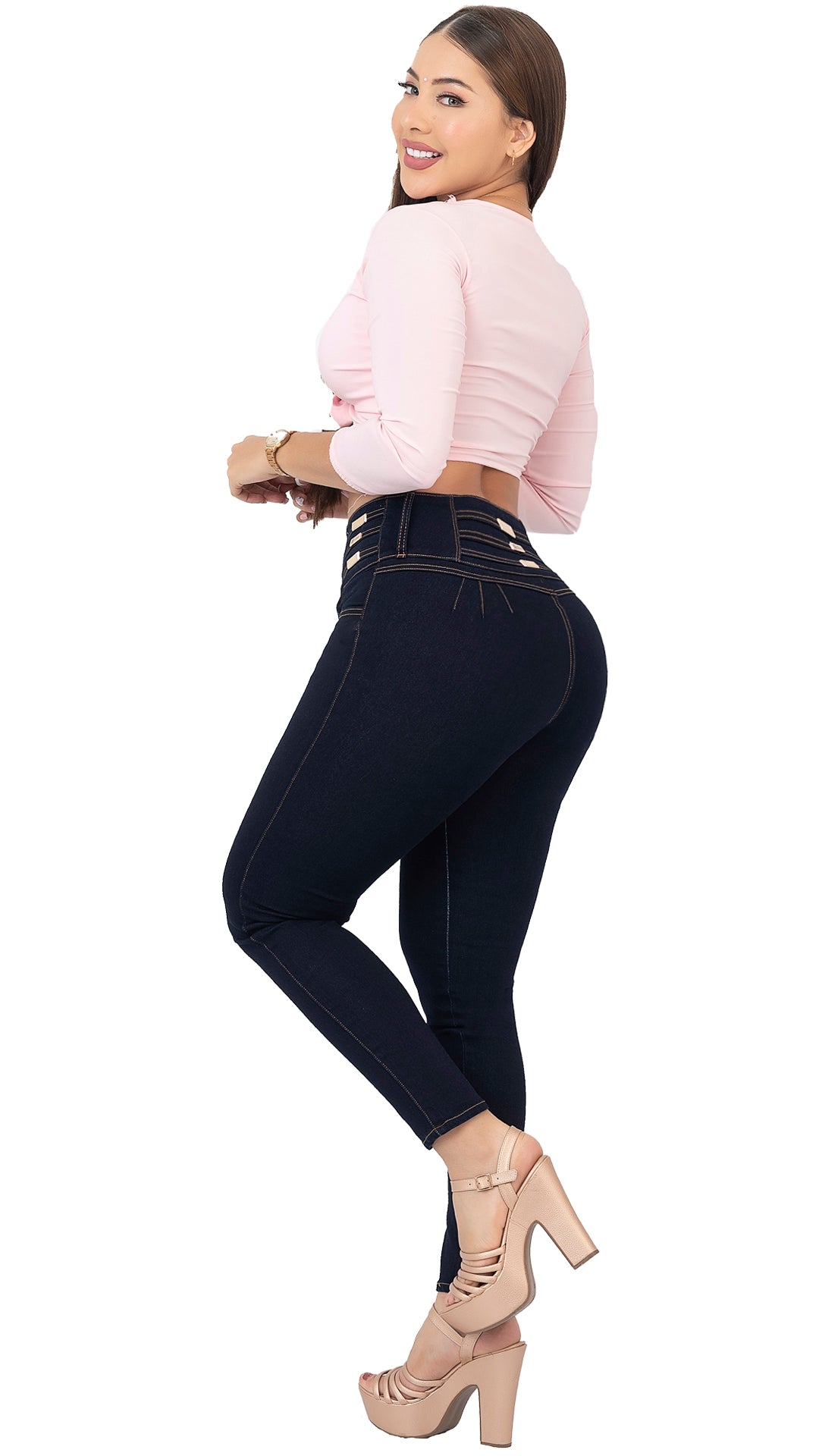 Jeans Skinny Azul Oscuro – Pretina Ancha con Adornos y Tres Botones REF 6087 A