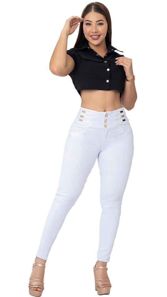 Jeans Skinny Blanco – Pretina Ancha con Adornos y Tres Botones REF 6087B